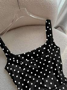 INAWLY 女式复古法式波尔卡圆点海滩度假细肩带长裙 - 黑色 - 查看 4