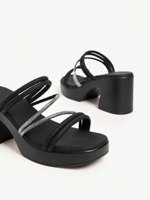 CUCCOO CHICEST Women Rhinestone Embellished Multi-Strap Square Toe Platform High Heel Sandals, Elegant Fashion Forward Black Ladies High Heels For Summer, Party, Beach, Music Festival, Club