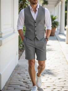 Calvornis 男士 V 领无袖纽扣背心和修身短裤套装 - 灰色 - 查看 3