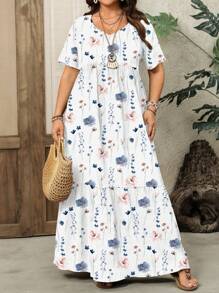 EMERY ROSE Große Größen Boho weißes Sommerurlaubskleid, Ditsy-Blumenmuster Kurzarm lässiges lockeres langes Kleid, Strandkleid für Frauen Urlaubsoutfits - Verschiedenfarbig - Übersicht 4