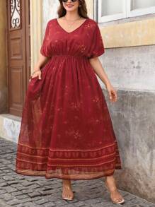 SHEIN Clasi Vestido vintage con estampado de colocación elegante talla grande, vestidos de madre de la novia, de verano, de moda para el verano - Rojo - Ver 8