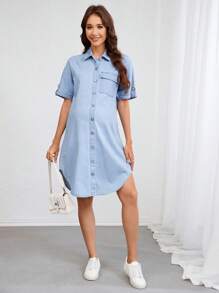 SHEIN Maternity Solid Color Front Button Asymmetrical Hem Short Sleeve Denim Dress - Light Wash - View 1