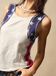 Bohemela Débardeur ajusté pour femme, style boho casual, en tricot bicolore avec encolure ronde pour le 4 juillet