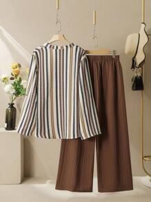 Lacomfia Set casual comodo e ampio da donna con camicia a maniche lunghe con stampa a righe colorate e pantaloni a gamba ampia, taglia grande