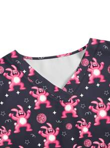 Women's V-Neck Cartoon Print Short Sleeve Pocket Scrub Top - Multicolor - View 4