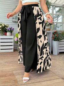 SHEIN Privé Quần dài ống rộng phong cách nghỉ mát Pháp rộng rãi cho nữ cỡ lớn kèm khăn choàng - Nhiều màu - Xem 3
