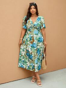 Elaquor 优雅V领收腰休闲大码连衣裙 - 彩色 - 查看 5