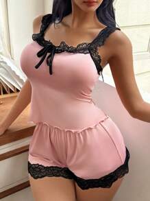 SHEIN Women's Lace Trim Cami Top & Shorts Pajama Set Outfit