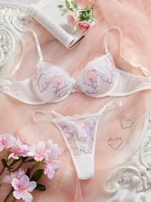 SHEIN 2件套女士蕾丝花边印花文胸和内裤内衣套装 - 白色 - 查看 1