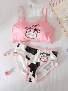Conjunto de lencería con estampado de vaca de dibujos animados y letras, con ribete de encaje para niña preadolescente - Multicolor - Ver 4