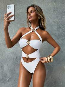 Aloruh Women's One-Piece Swimsuit, Elegant & Sexy Vintage Solid Black Color With 3D Rose Flower Decor, Halter Back Tie High Slit