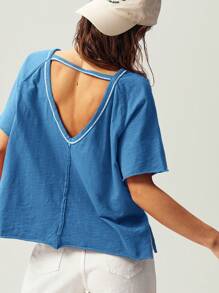 Bohemela 度假纯色V领短袖宽松露背水洗女式T恤