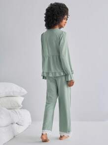 对比色镶边 V 领开衫提花长袖和裤子孕妇睡衣套装