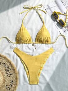Swim Mod 2pcs/Set Summer Holiday Random Gold Flower Print Halter Triangle Bra And High-Cut Swim Briefs Sexy Yellow Bikini Set - Yellow - View 7