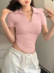 DAZY 新款春夏女款白色 Polo 领短袖 T 恤 - 粉色 - 查看 4