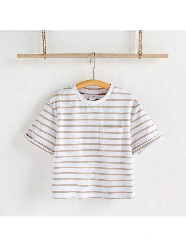 Loomiva Tricou de vară pentru băieți, cu mânecă scurtă, cu guler rotund și dungi, moale, în culoarea unui singur material, potrivit pentru ținute casual și de casă