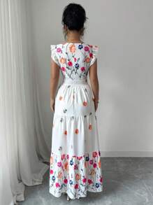 Vestido informal largo con diseño de cuello cuadrado, mangas de campana y cintura ceñida con estampado multicolor, ideal para vacaciones - Verde - Ver 8