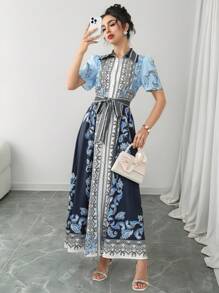 Modelyn 女士时尚全身印花系带领短袖长裙 - 彩色 - 查看 3