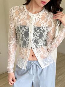 K-Vae Damen Sommer Lässig Urlaubs Bluse in Weiß, abgestuftes transparent-maschiges Rundhals-Oberteil mit offenem Kragen und Langarm - Weiss - Übersicht 4