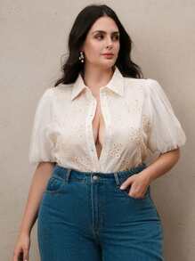 Anewsta Chemisier romantique élégant et moderne pour femmes de grande taille, délicat et semi-transparent avec broderie. Convient pour le printemps/été, les festivals, la remise des diplômes - Nude - Voir 4