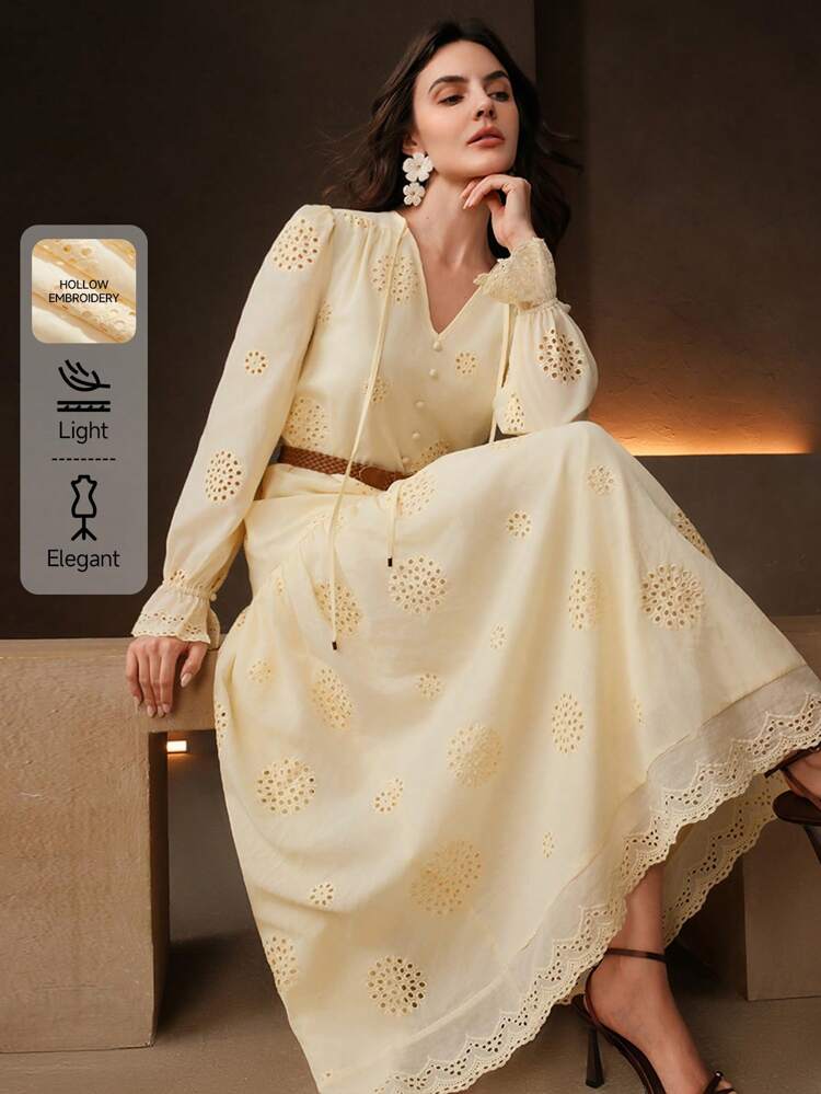 Women's V-Neck Long Sleeve Resort Style Long Dress With Intricate Embroidery And Waist Cinching, Suitable For Summer