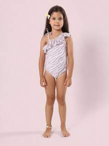 SUMWON One Shoulder Ruffle Swimsuit Girl Summer Kids Beach Swimming Pool Bathing Suit Sun Protection - Brown - View 7