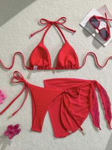 Zestiva Women's Solid Color Metal Pendant Halter Tied Backless Sexy Red Bikini 3pcs Swimsuit Set For Beach/Resort For Summer Beach Vacation - Red - View 4