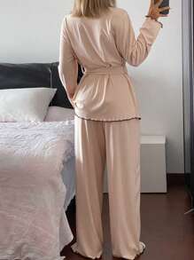 Livesso 3 peças/Conjunto Roupão Feminino Bicolor com Cinto, Regata e Calça Pijama, Roupas de Outono e Inverno - Damasco - Visão 2