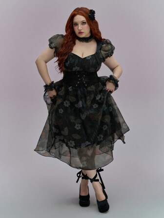 ROMWE Avant Plus Size Vintage Romantic Moth & Floral Garden Organza Dress