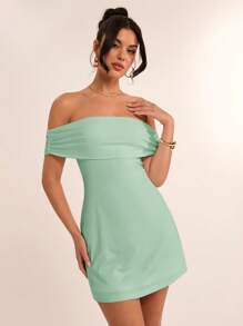 SHEIN BAE 夏季海滩度假纯白色露肩后蝴蝶结迷你连衣裙，适合日常约会、夜间外出、夜总会、派对、聚会、鸡尾酒会、泳池派对、返校季服装、学校季连衣裙、节日连衣裙女士连衣裙 - 薄荷綠 - 查看 7
