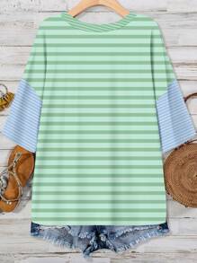 EMERY ROSE Lässiges T-Shirt mit Retro-Streifendruck und lockerem, kurzärmligem V-Ausschnitt und Tasche für Übergröße, Sommer