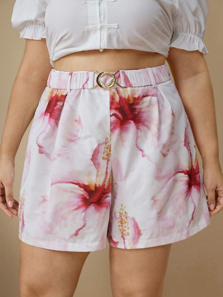 SHEIN MOD Short imprimé pour le printemps et l'été, grande taille, élégant, pour le bureau et les tenues décontractées, avec une taille dorée, convient pour les fêtes, les pique-niques, dans le style de la princesse chinoise - Multicolore - Voir 1