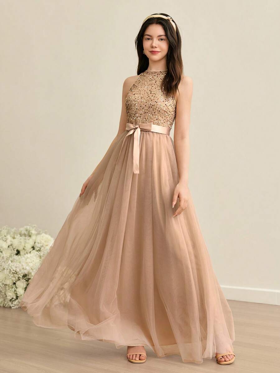 SHEIN 伴娘亮片和网眼拼接 A 字裙，适合少女高端舞会礼服、花童礼服、生日派对、婚礼