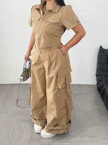 POPSWAY 2 piezas Set de Mujer Talla Grande: Top casual de manga corta caqui + Pantalones utilitarios - Caqui - Ver 1