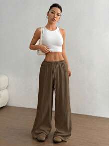 Flirla Pantalones rectos de algodón casual de cintura extra baja para mujer