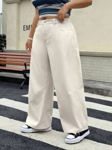 SHEIN ICON Plus Size Women's Daily Wear Wide Leg Jeans, Suitable For All Seasons