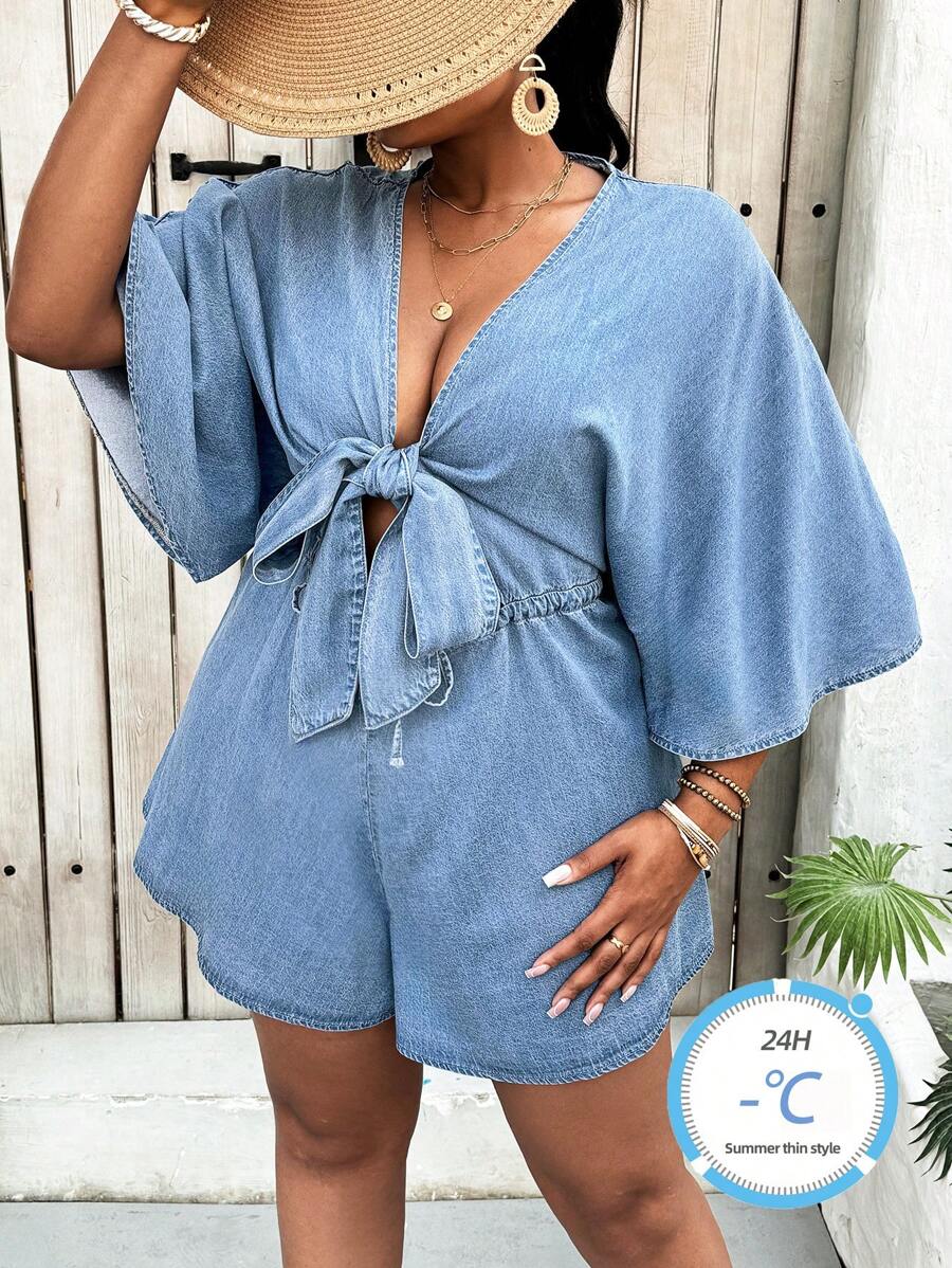 SHEIN Lady Bộ đồ liền thân denim cỡ lớn cho nữ, bộ đồ liền thân bó sát tay 3/4 mặc đi nghỉ thông thường, màu xanh lam - Rửa nhẹ - Xem 1