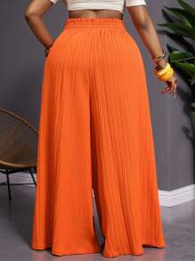 SHEIN CURVE+ Pantalones anchos de cintura alta con textura naranja para mujer talla grande, pantalones bohemios de playa, curvas plus, boho vacaciones, pantalones de verano, campo, vacaciones en la playa, ropa de playa - Naranja - Ver 2