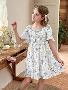 LMoss Kids LMoss Tween Girl Printed Pleated V-Neck Fitted Casual Dress - Multicolor - View 4