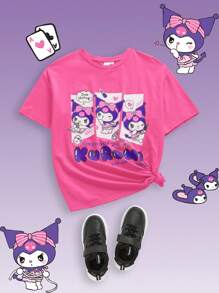 HELLO KITTY AND FRIENDS | SHEIN 女童休闲百搭可爱卡通图案针织短袖T恤 - 玫紅色 - 查看 2