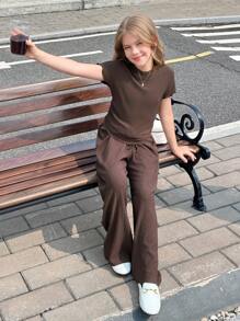 SHEIN 青少年女孩纯咖啡色纹理针织侧褶高领紧身上衣和阔腿裤两件套