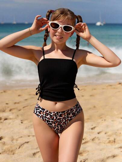 Tween Girls Tankinis - Tween Girl Leopard Print Knitted Fashion Casual Sporty 2pcs Bikini Swimsuit For Summer Young Girls Sets Summer Young Girls Sets Bathing Suits For Teens Teen Girls Bikini Sets Bathing Suits For Teens Sets Summer Bathing Suits, Beach