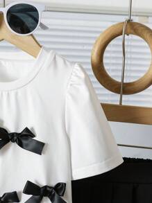 Girls Elegant Solid All-Match Versatile 3D Bow Ruffle Short Sleeve Cropped Knit T-Shirt + Fitted Flare Pants Knit Set - Black - View 9