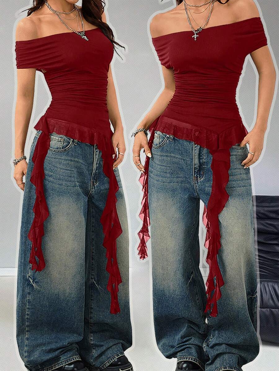 Coolane Women's Casual Music Festival Off The Shoulder Mesh Ruffle Asymmetrical Hem Tops - Burgundy - View 1