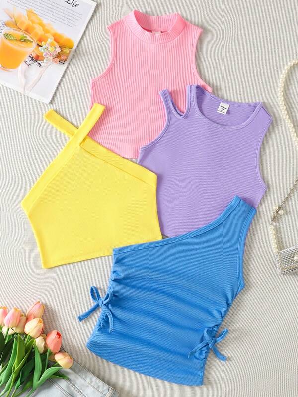SHEIN قميص منسوج ناعم ومريح لفتيات المراهقات بألوان الحلوى المتعددة، طقم متعدد القطع