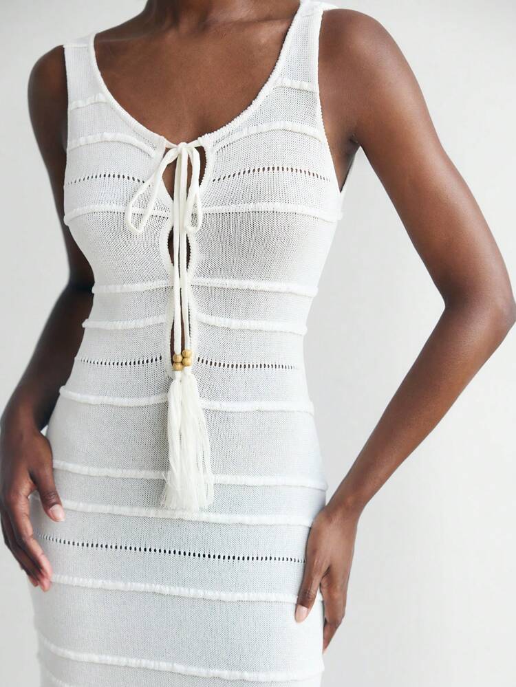 SHEIN Maija Women's White Textured U-Neck Sleeveless Hollow-Out Fringe-Tied Slim Long Maxi Bohemian Western Beach Vacation Dress, Solid Color, Spaghetti Strap, Casual Daily Wear For Summer Vacation Outfits Woman Hawaii Outfits Women