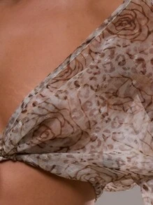 MUSERA 长袖深V领系带印花网纱短款上衣，春夏伊比沙岛度假可爱浪漫节日海滩装性感外出上衣夜店派对 - 彩色 - 查看 6