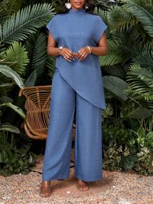 SHEIN Lady Set informal de 2 piezas con camisa de manga murciélago y pantalones de bajo asimétrico de unicolor para mujer