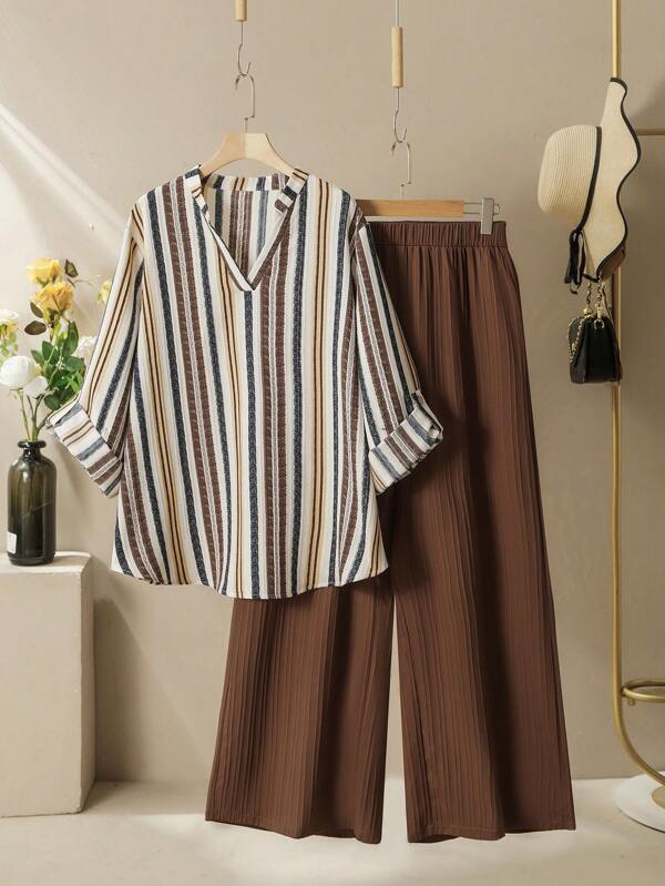 Lacomfia Women Textured Colorful Stripe Print Long Sleeve Shirt And Wide Leg Pants Casual Loose Comfortable Plus Size Set