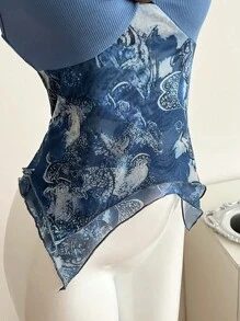 SHEIN Unity Bohemian Style Neck Tie Round Buckle Top, For Ladies, Spring/Summer - Navy Blue - View 5